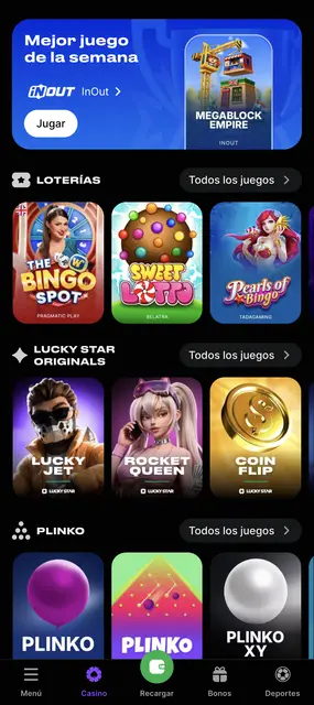 Lucky Star visto en un smartphone: apartado de loterías con The Bingo Spot y Sweet Lotto